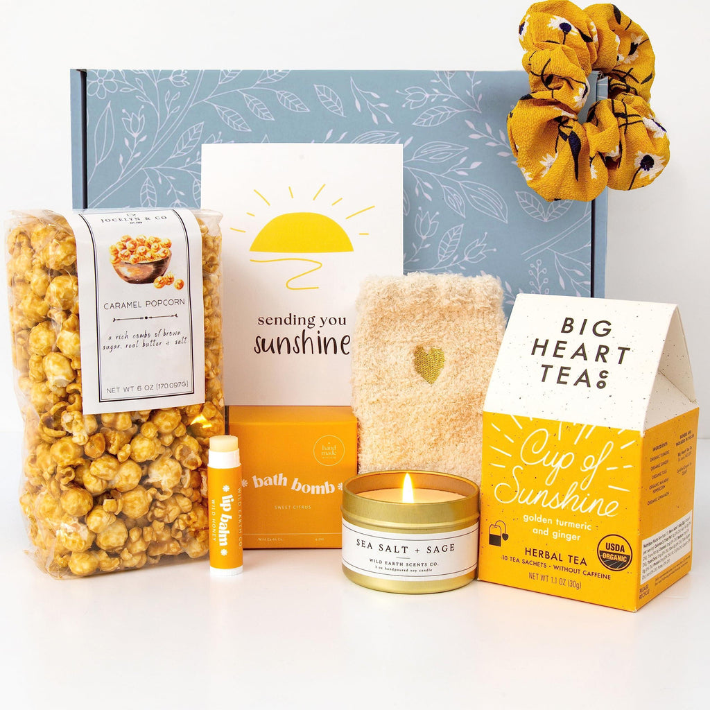 Sunshine Gift For Women Self Care Package with Herbal Tea Mug Bath Bomb Candle