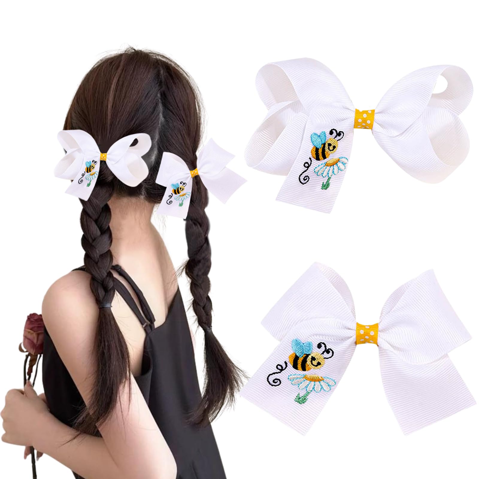 Bee Hair Clips Back to School Bows Hair Clip for Toddler Girls Cute Hair Bowknot Strong Hold Hair Barrettes Yellow White Hairpins Ribbon Hair Accessories for Styling Embroidered Hair Decoration 2PCS