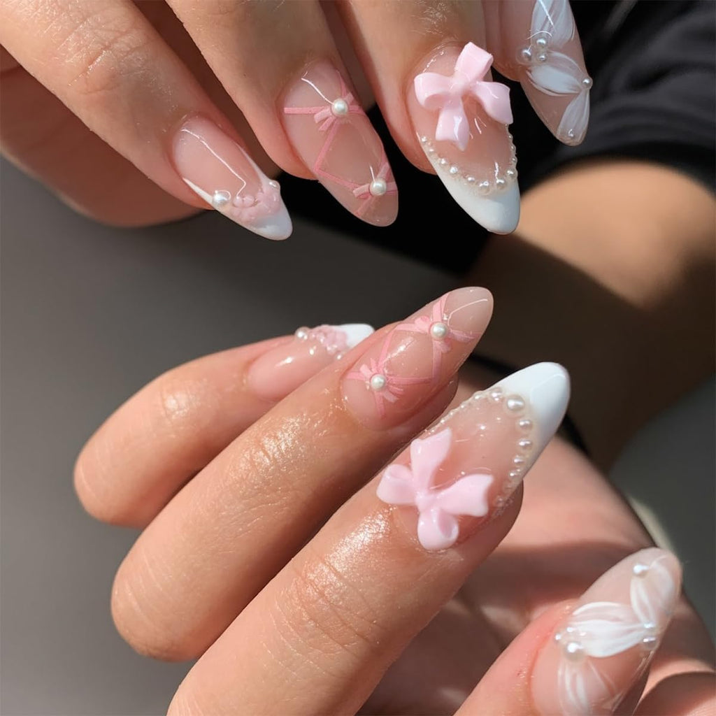 Medium Press on Nails Almond Fake Nails White French Tip Acrylic Nails Press on with Charms 3D Bow False Nails with Flower Striped Grid Design Artificial Glue Stick on Nails for Women Girls 24PCS