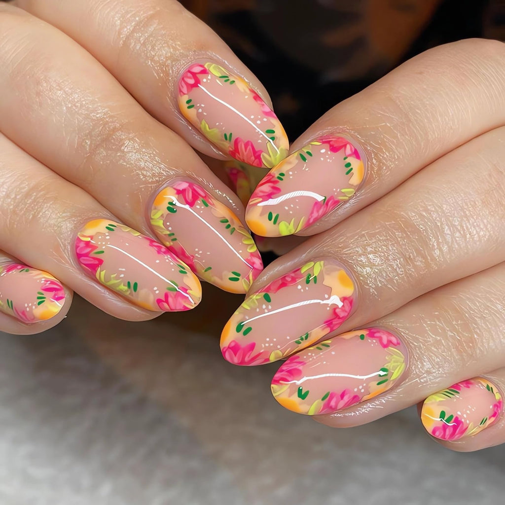 Oval Press on Nails Medium Length Fake Nails Colorful Flower Wreath Glue on Nails Summer False Nail Tips Cute Stick on Nails Medium Oval Acrylic Nails for Women Girls - 24Pcs