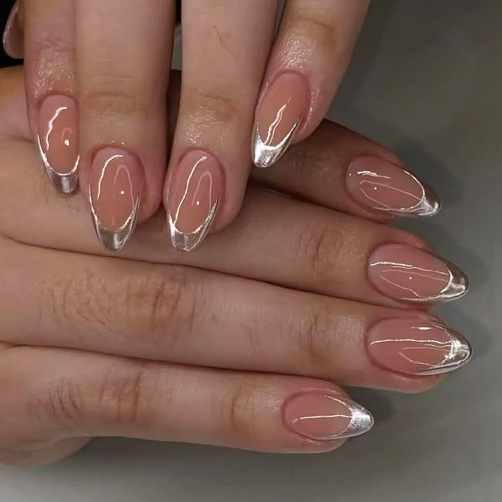 30 Pcs Silver French Tip Almond Press on Nails Short Fake Nails Acrylic Full Cover False Nails Press ons Glossy Glue on Nails Daily Wear Simple Stick on Nails for Women