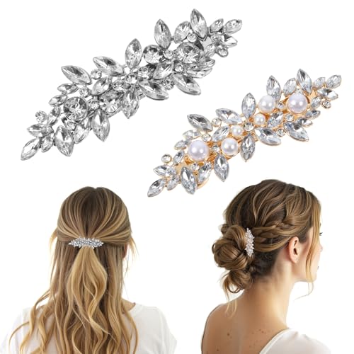 2Pcs Sparkly Rhinestone Hair Clip Crystal Flower Hair Clips Rhinestone Crystal French Barrette Clips Rhinestone Hair Clips Crystal Pearl Hair Barrettes Silver Crystal Prom Barrettes for Bridal