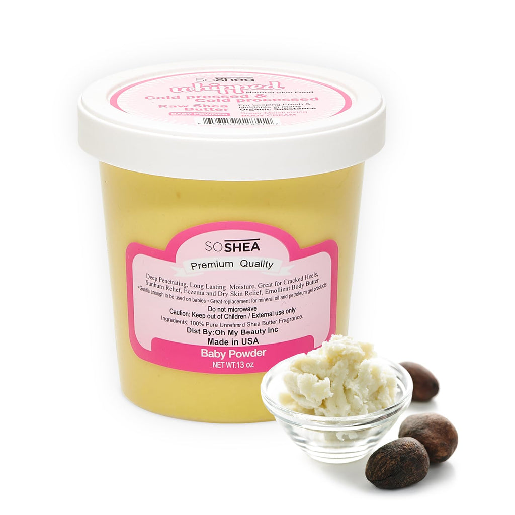 SoShea Whipped Shea Butter Baby Powder - Nourishes Moisturizes & Renews | 100% African Pure Shea Butter | No Dyes & Parabens | Vegan | 12.75oz / 361g