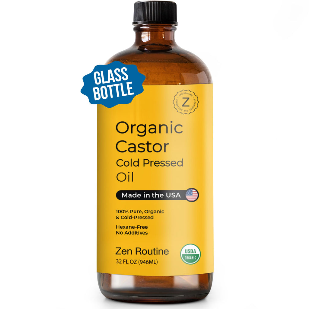 Zen Routine Organic Castor Oil - 100% Pure Cold Pressed 32 Oz (Pack of 1) Glass Bottle Premium Grade Oil for Hair Growth Eyelashes and Eyebrows Hexane-Free Hair and Body Oil Carrier Oil