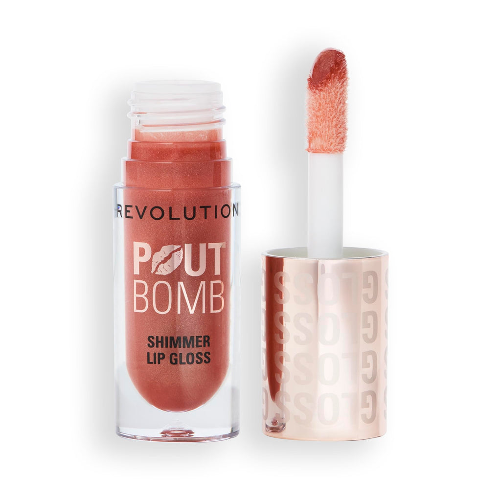 Revolution Pout Bomb Shimmer Gloss High-Shine Lip Gloss & Shimmer for Glossy Lips with Hyaluronic Acid & Sweet Vanilla Scent Nude Glow 0.15 Oz