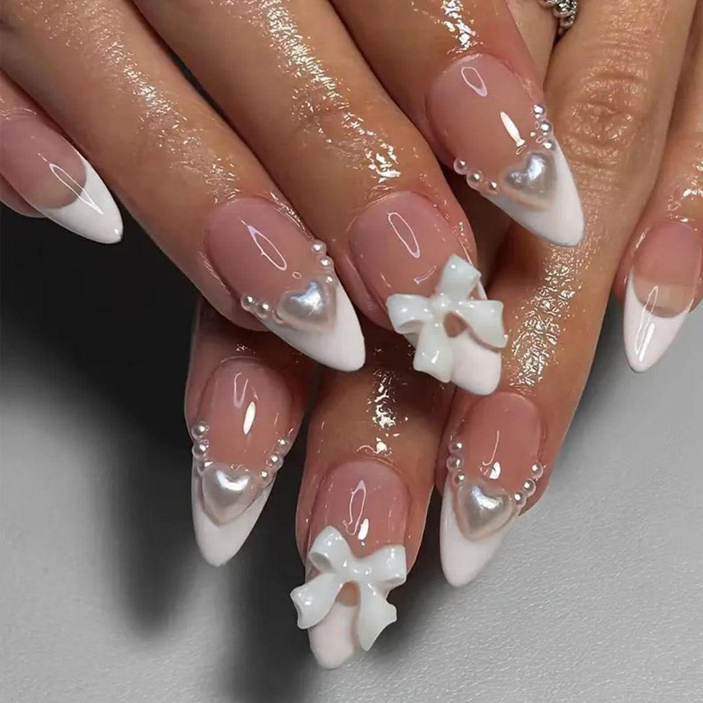 24Pcs White French Tip Press on Nails Almond -White French Tip Press on Nails Acrylic Set Fake Nails with Pearl Bow DesignGlossy Nude False Nails Gel Glue on NailsManicure Stick on Nails for Women