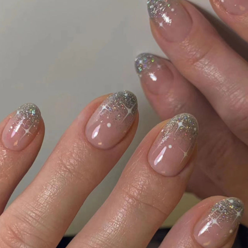 Silver Glitter Powder French Press-On Nails with Glue