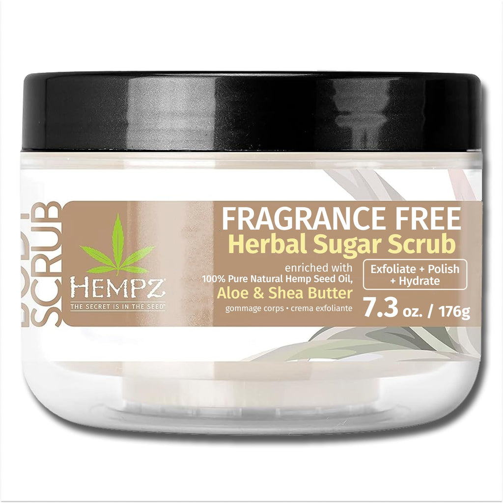 HEMPZ Sugar Body Scrub - Fragrance Free - All Natural Exfoliating Shea Butter Sugar and Salt - For Women Men and Teens - 7.3 fl oz