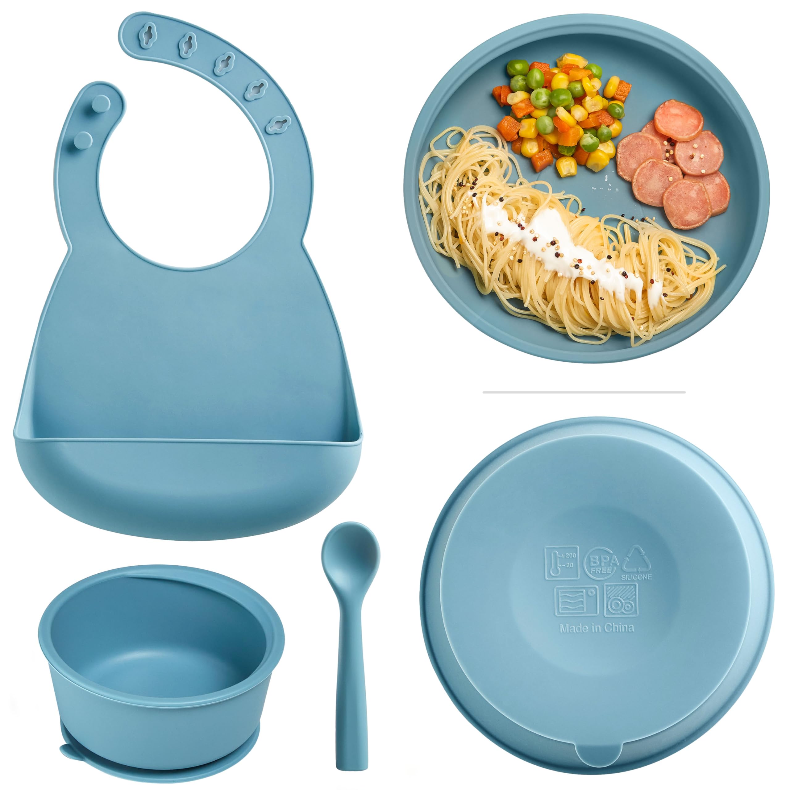 KUB Silicone Baby Feeding Set Self Feeding Baby Utensils with Suction Baby Bowl Plate Blue