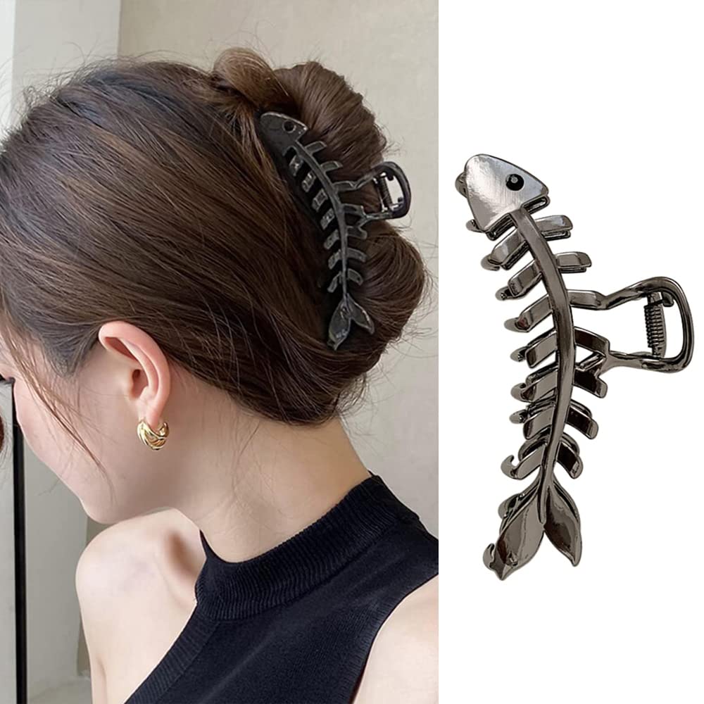 BELSITA Fish Bone Hair Clip 1PCS Large Metal Black Non-Slip Hair Jaw Clamps Gold Hairpin Clips Fashion Hair Accessories for Women Thick or Thin Hair Decorations