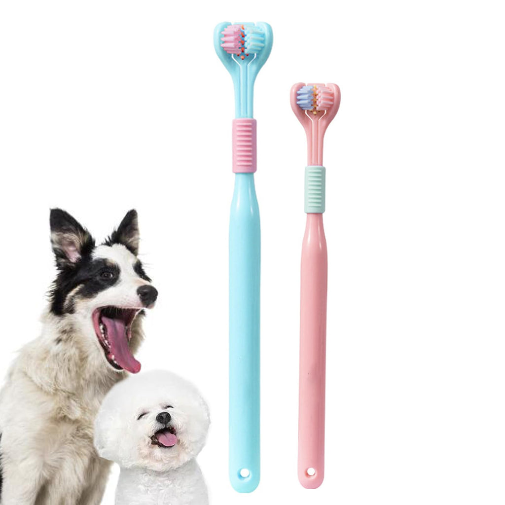 KnocKconK Three Sided Dog Toothbrush Kit 2 Size Dog Toothbrush for Adult Puppy with Small Soft Head Pet Teeth Deep Clean Dense Brush Small Dog Tooth Cleaning (Blue+Pink 2 Size Dog Toothbrush)