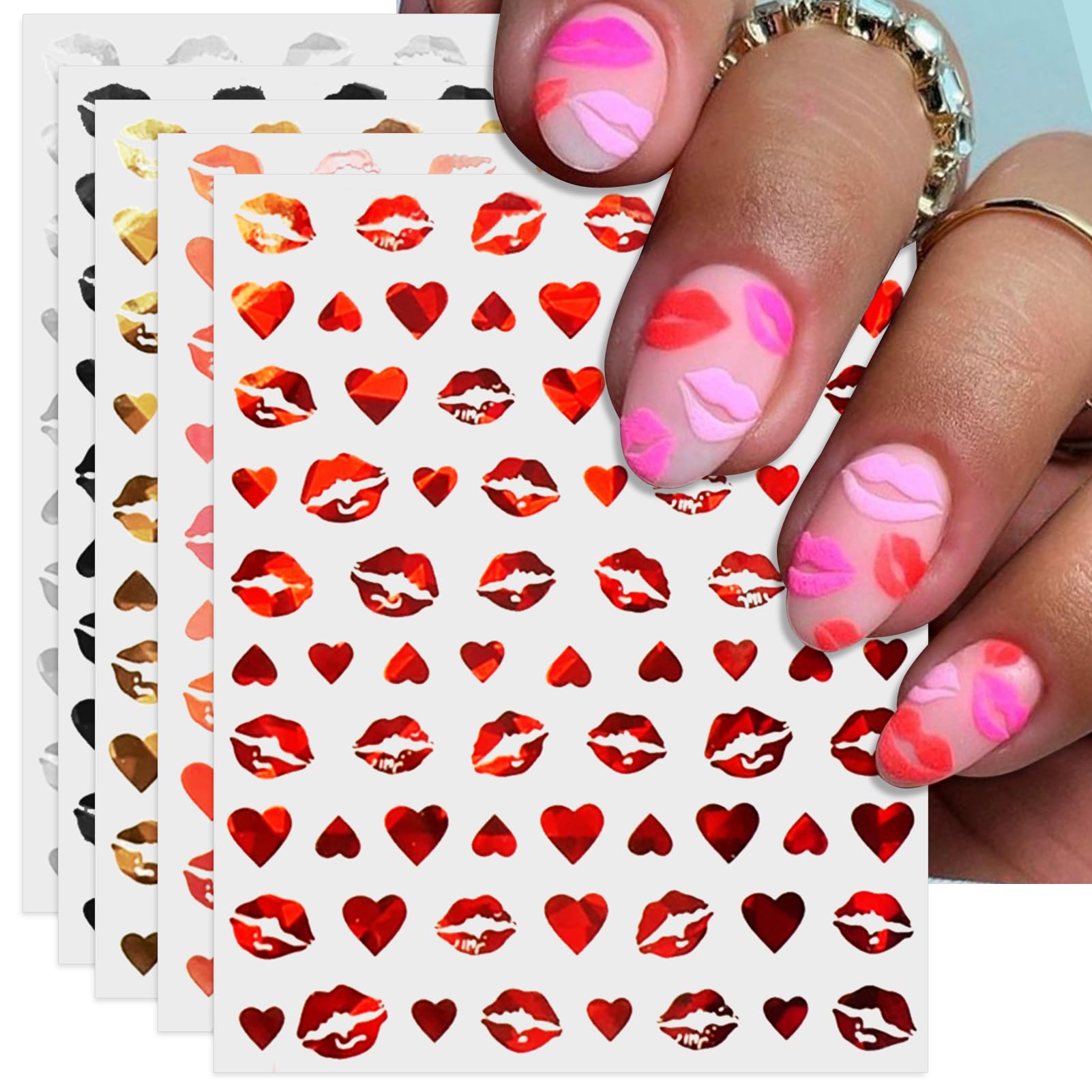IDDFEVE Valentines Day Nail Art Stickers - Sexy Lip Nail Decals Self-Adhesive 6 Color Black White Red Pink Kiss Heart for DIY 3D Nail Supplies Decoration (6 Sheets)