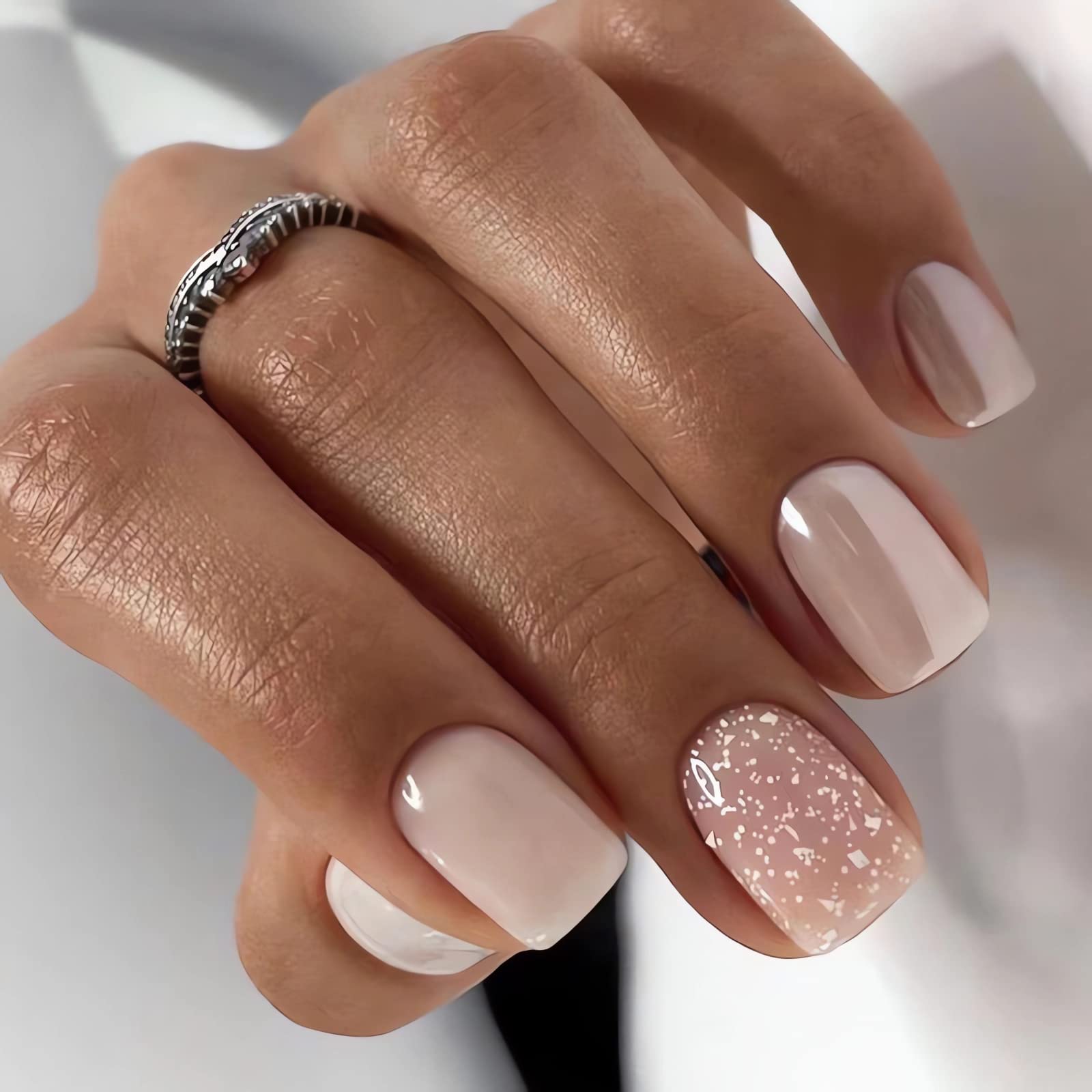IMSOHOT Square Press on Nails Short White French Fake Nails Nude Pearlescent Full Cover Acrylic False Nails Glitter Glue on Nails Glossy Squoval Nails 24Pcs