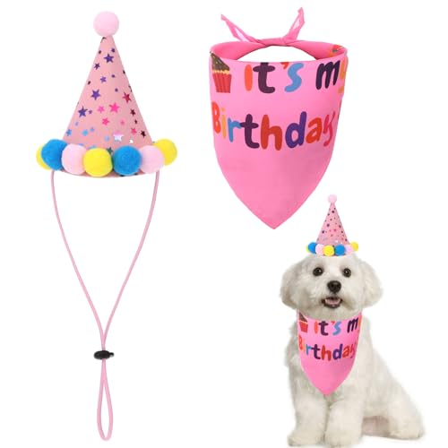 Dog Birthday Party Supplies Dog Birthday Bandana with Adjustable Dog Birthday Hat Cute Dog Party Girl Dog Birthday Bandana Scarf for Dogs Cats Pet Birthday Party Grooming Costume Accessories Pink