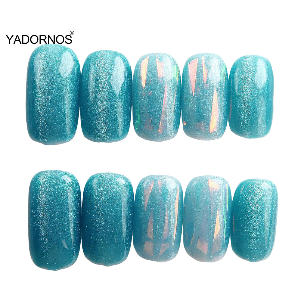 Aquamarine Glazed Cat Eye Full Coverage Press-on Nails