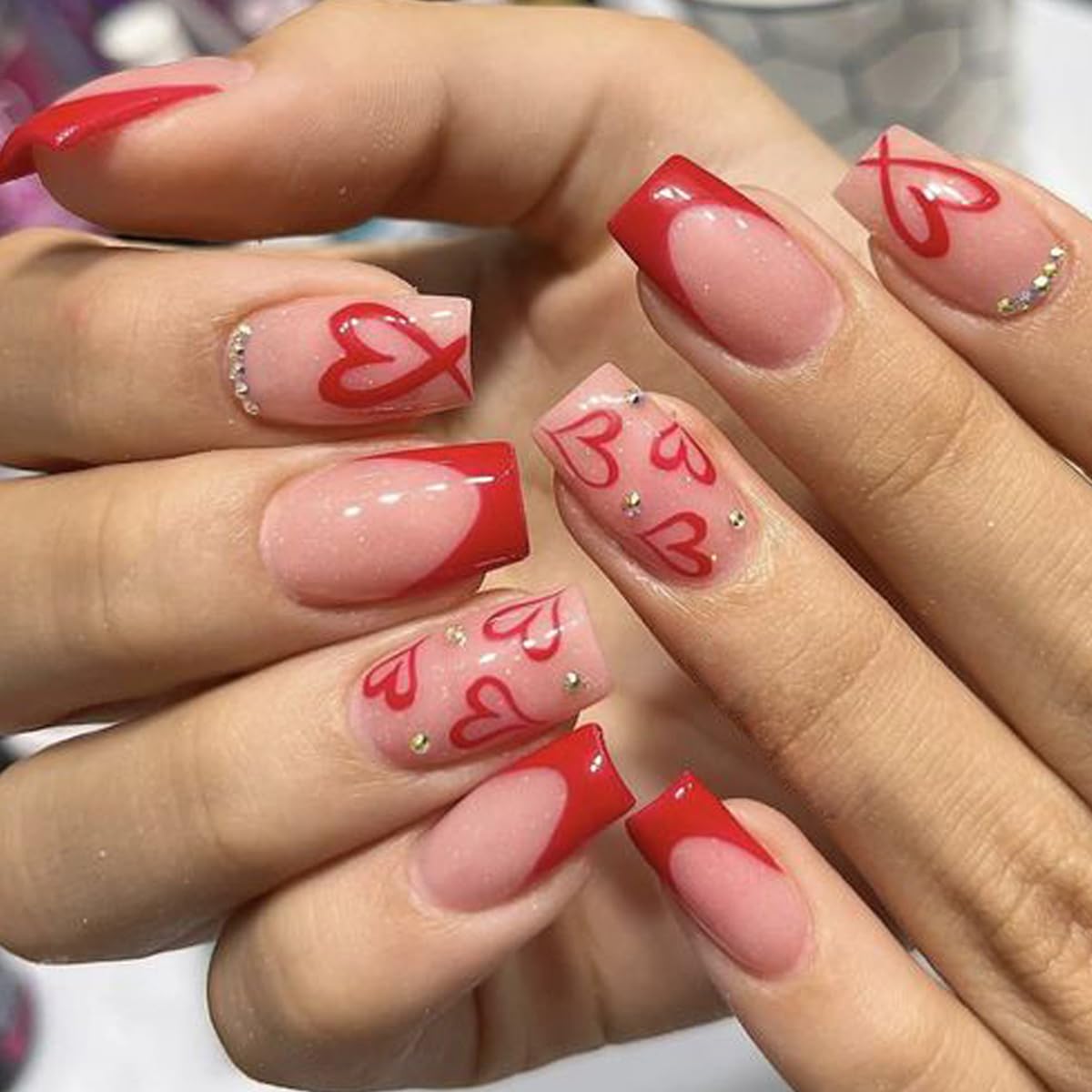 Square Press on Nails Medium -French Tip Press on Nails Red Heart DeignGlossy Pink Fake Nails with Rhinestone DesignReusable Artificial False Nails with Glue on Nails Valentines Day for Women 24PCS