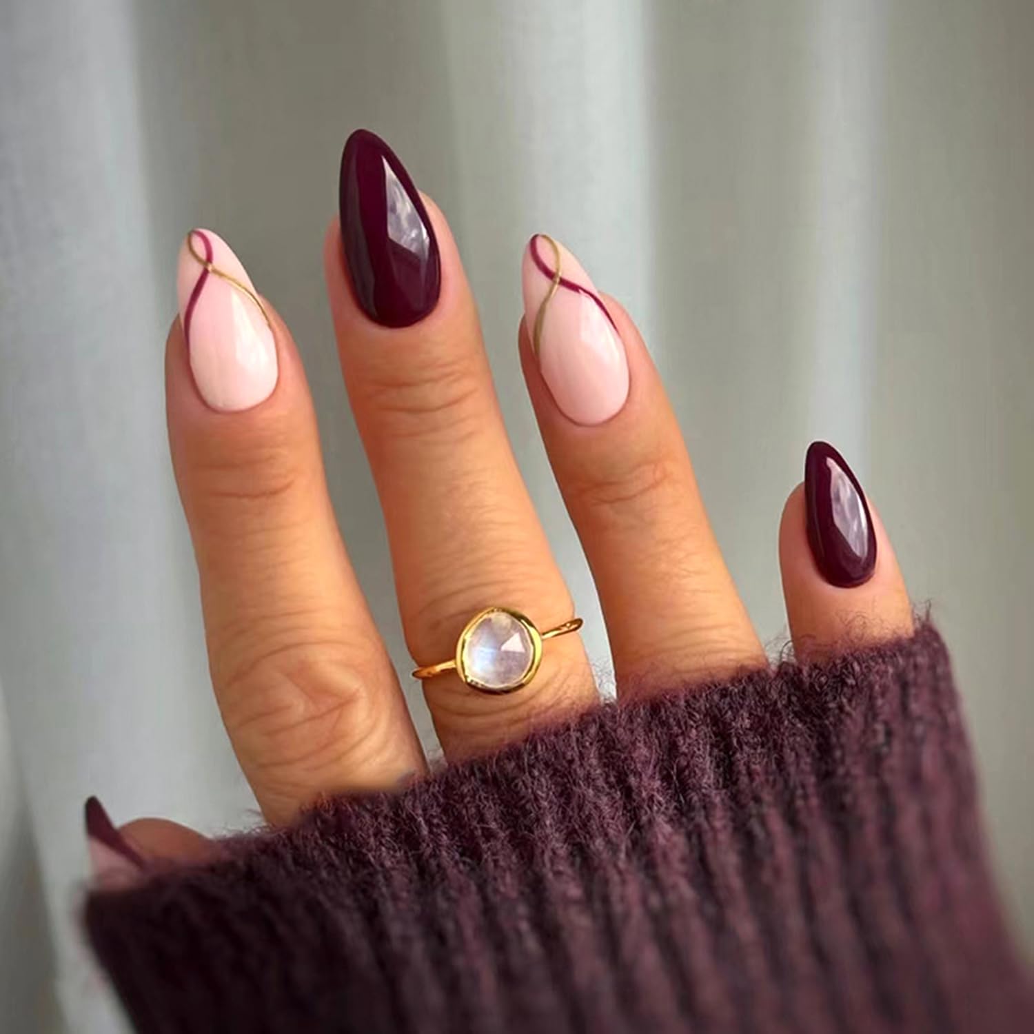 30 Pcs Short Medium Almond Press on Nails Lines French Tip False Nails with Solid Color Glue on Nails Glossy Acrylic Artificial Fake Nails for Women Girls