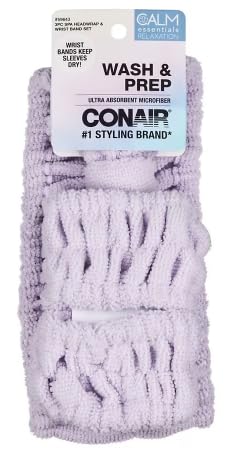 Conair Face Wash Wash & Prep Ultra Absorbent Microfiber 3 PC Spa Headwrap & Wrist Band Set Lghit Purple