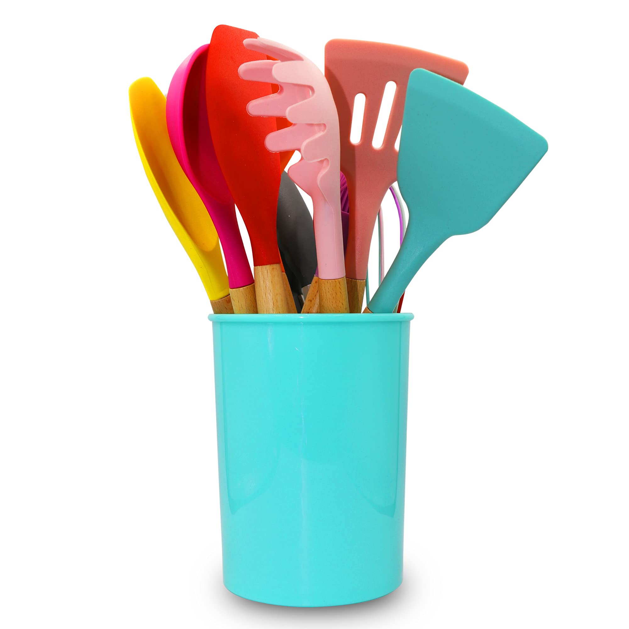 Cheer Collection 12 Piece Silicone Spatula Set with Wooden Handles - Non-Stick Silicone Utensils for Cooking Multicolor