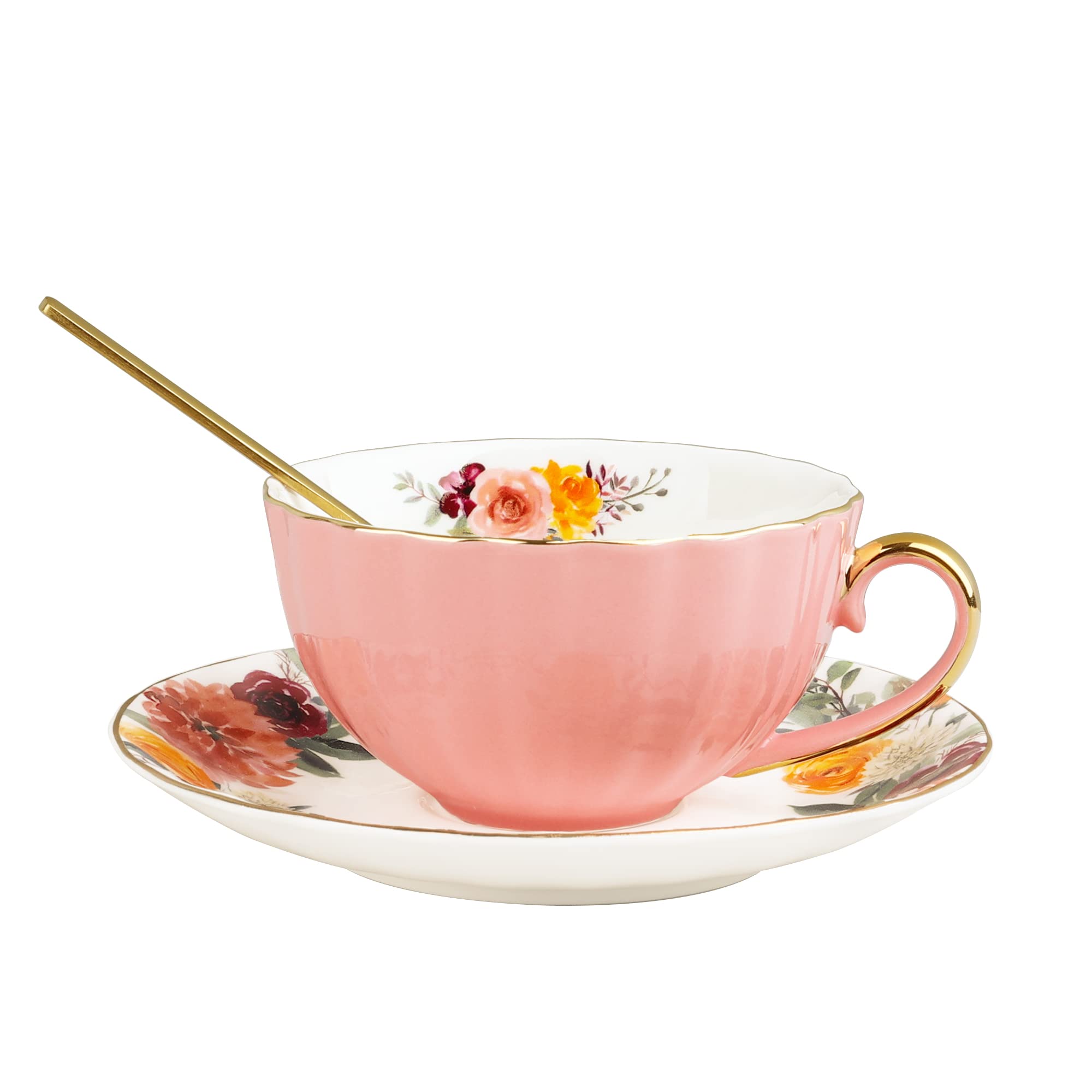 fanquare English Pink Tea Cup Floral Porcelain Tea Cup with Spoon Ceramic Tea Cup and Saucer Set 7 Ounce