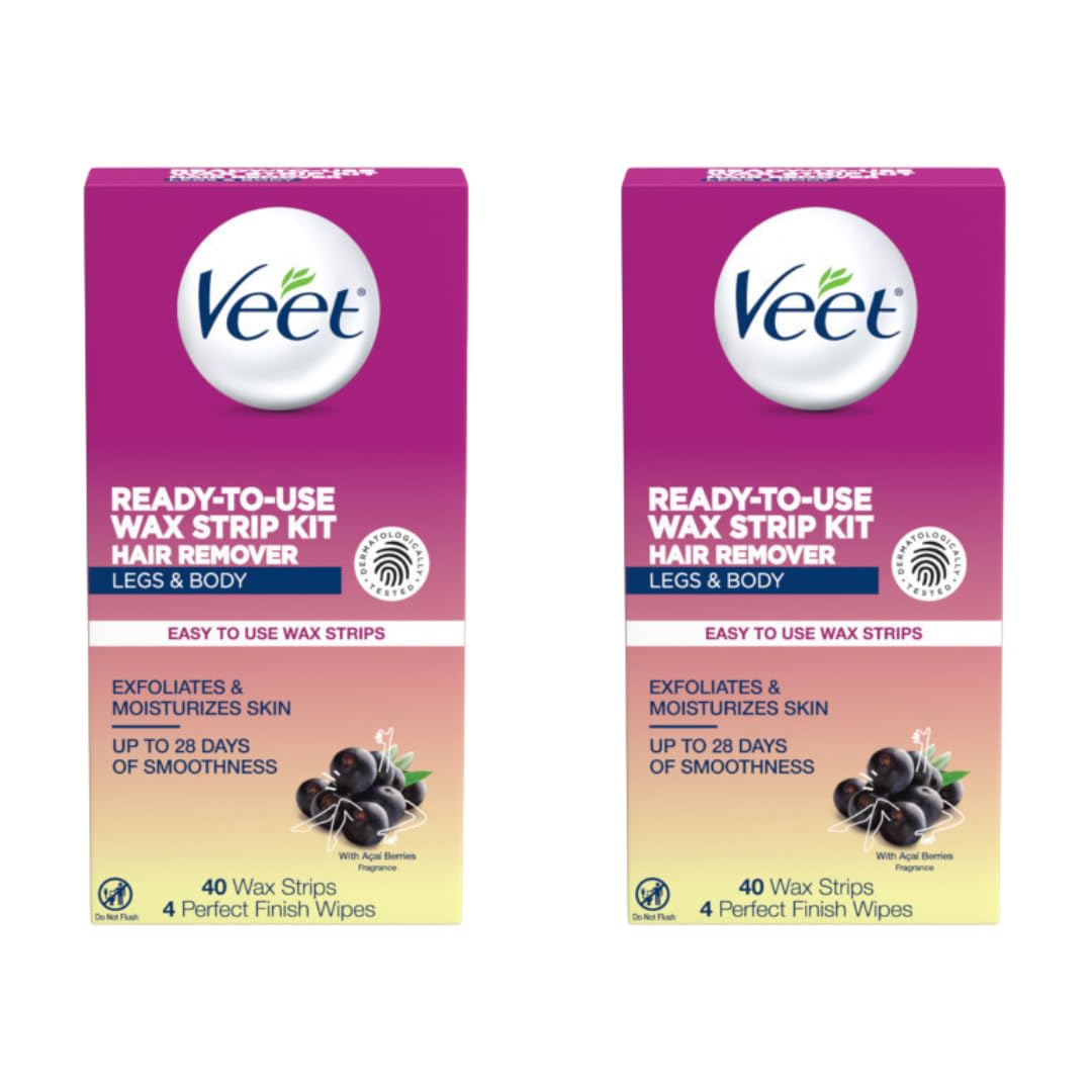 Veet Leg & Body Hair Removal Kit- Sensitive Formula Ready-to-use Cold Wax Strips Shea Butter & Acai Fragrance 40 Count (Pack of 2)