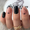 Valentines Day Press on Nails Short Almond Black Fake Nails Short French Tip False Nails with Black Heart Designs Acrylic Nails Valentines Glue on Nails Glossy Short Stick on Nails 24Pcs