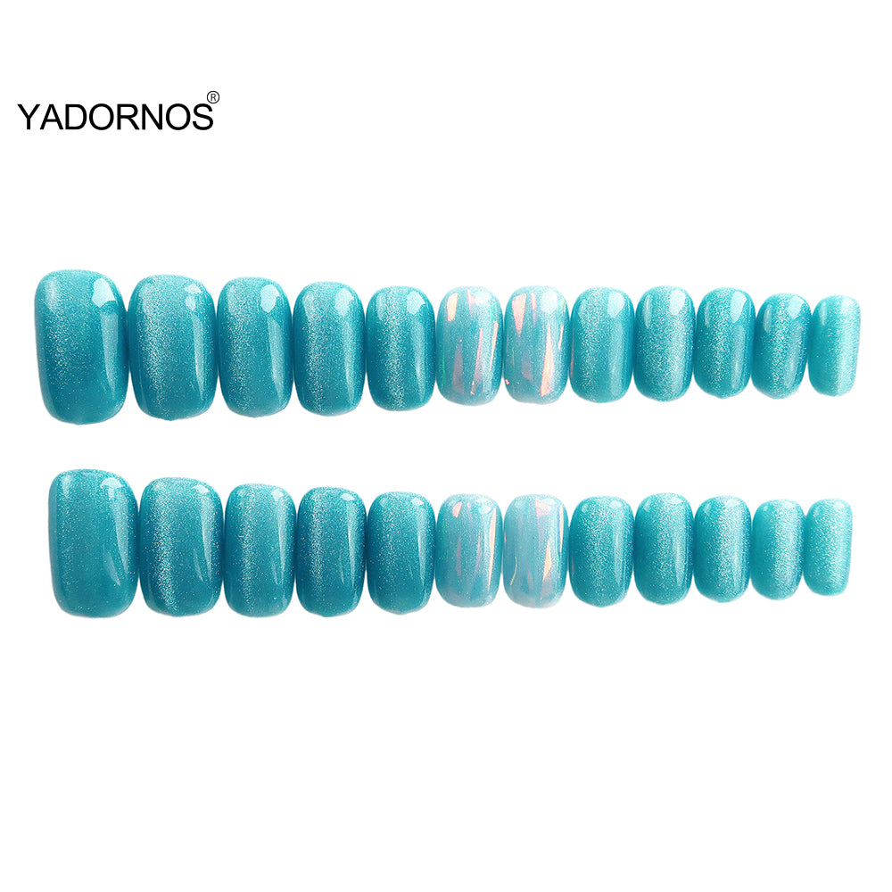 Aquamarine Glazed Cat Eye Full Coverage Press-on Nails
