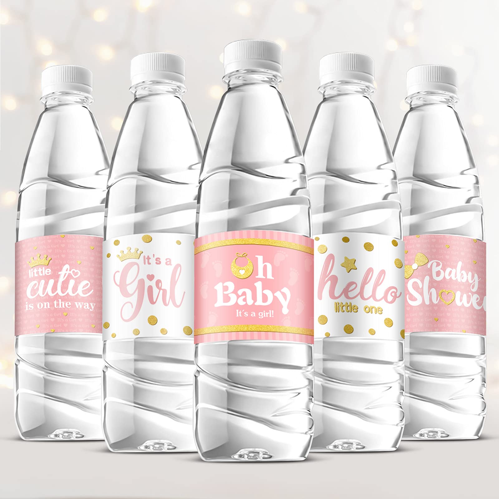 39 Pieces Baby Shower Water Bottle Labels Shower Water Bottle Stickers Wrappers Waterproof Baby Shower Labels for Baby Shower Party Decoration (Pink Girl Style)