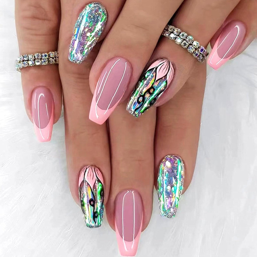 Coffin Press on Nails Medium Dark Pink French Tip Fake Nails Press ons Full Cover Flase Nails with Glitter Flower Designs Artificial Long Acrylic Glue on Nails for Women 24 Pcs