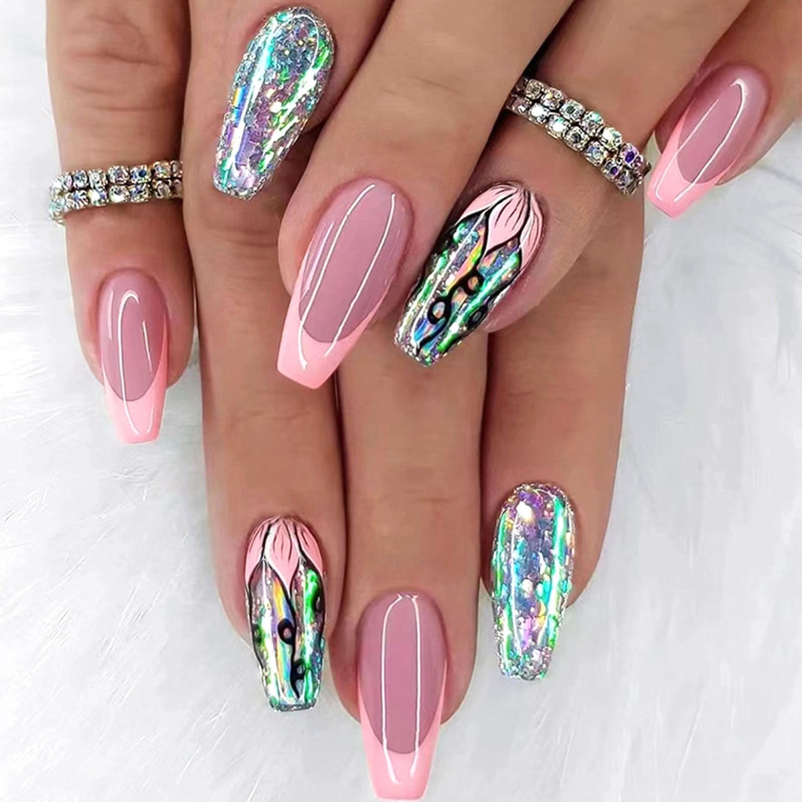 Coffin Press on Nails Medium Dark Pink French Tip Fake Nails Press ons Full Cover Flase Nails with Glitter Flower Designs Artificial Long Acrylic Glue on Nails for Women 24 Pcs