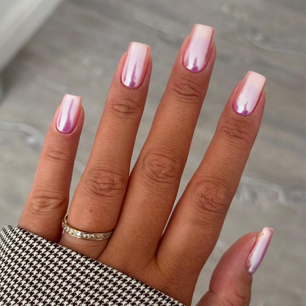 Mirror Metal Aurora Coconut Pink Press on Nails Medium Short Square Chrome Glazed Short Gel Nails Press ons Plating Nails Acrylic Nails Reusable Thick Fake Nails for Women Glue on Nails Medium Length