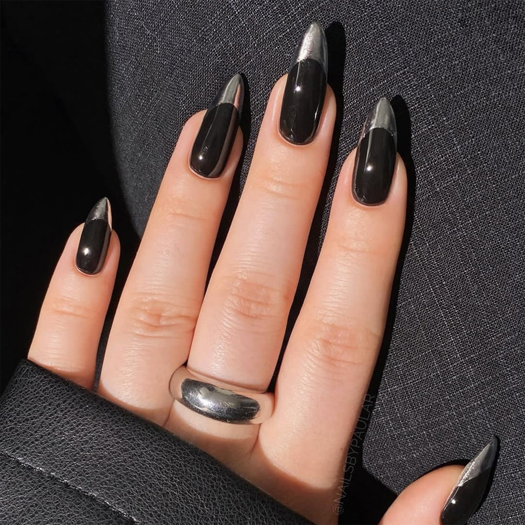 Silver French Tip Glue on Nails Long Almond Black Press on Nails Glossy Acrylic False Nails Artificial Fake Stick on Nails for Women Girls