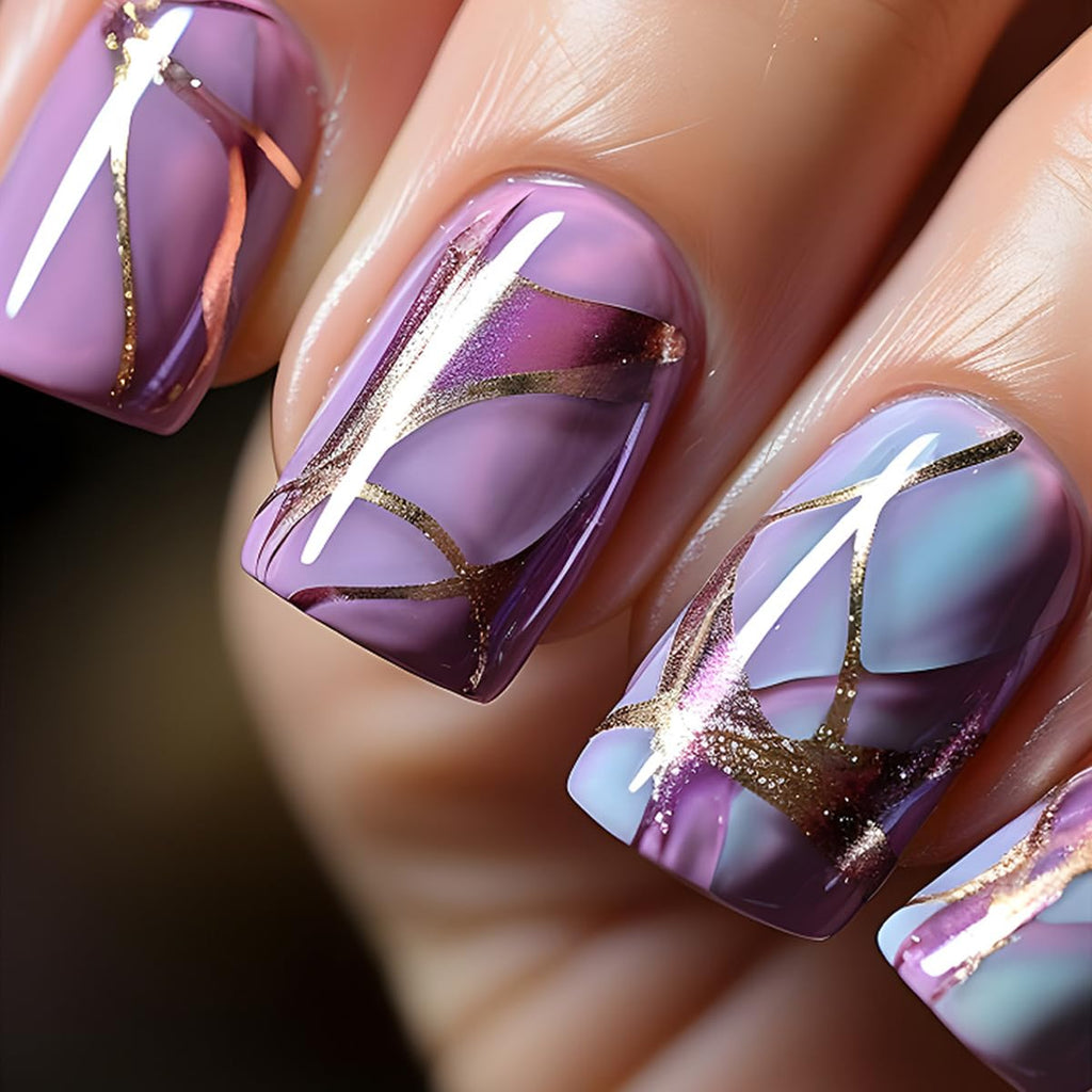 24 Pcs Blue Purple Ombre Press on Nails Medium Square - SHANRUN Fashion Fake Nails Press ons Nail Art Tips Glue on Nails Full Cover Acrylic False Nails with Gold Foil Lines Design Stick on Nails Kit