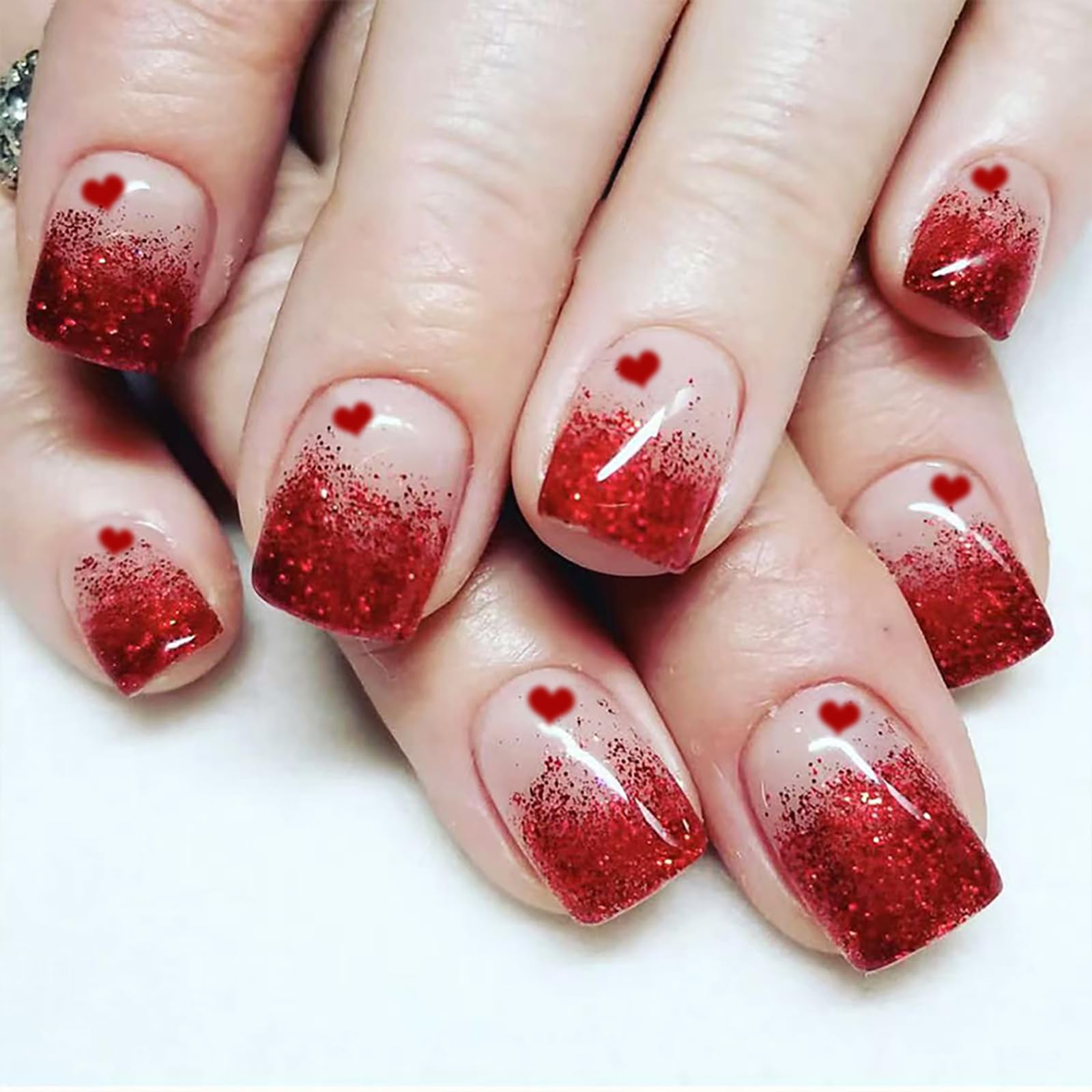 24Pcs Valentine’s Day Heart Press on Nails Red French Tip Fake Nails Glitter Press on Nails Short Square False Nails Full Cover Stick on Nails for Women Girls Valentines Day Date Party Nail Art