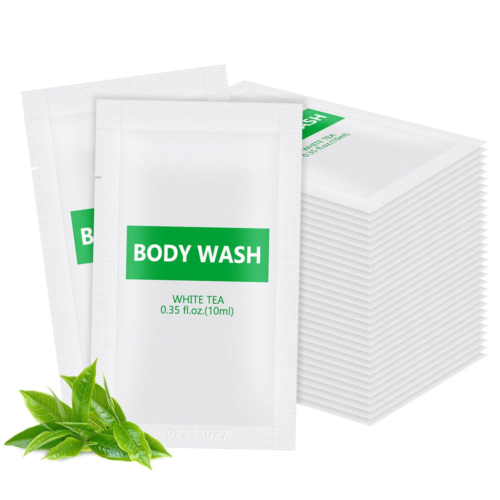 HQSLsund 200 pack Travel Size Body Wash Bulk Individually Wrapped - Refreshing Mini Shower Gel Single Use Supplies for Homeless Care Hotel Guests White Tea Scent0.35 fl oz/10ml