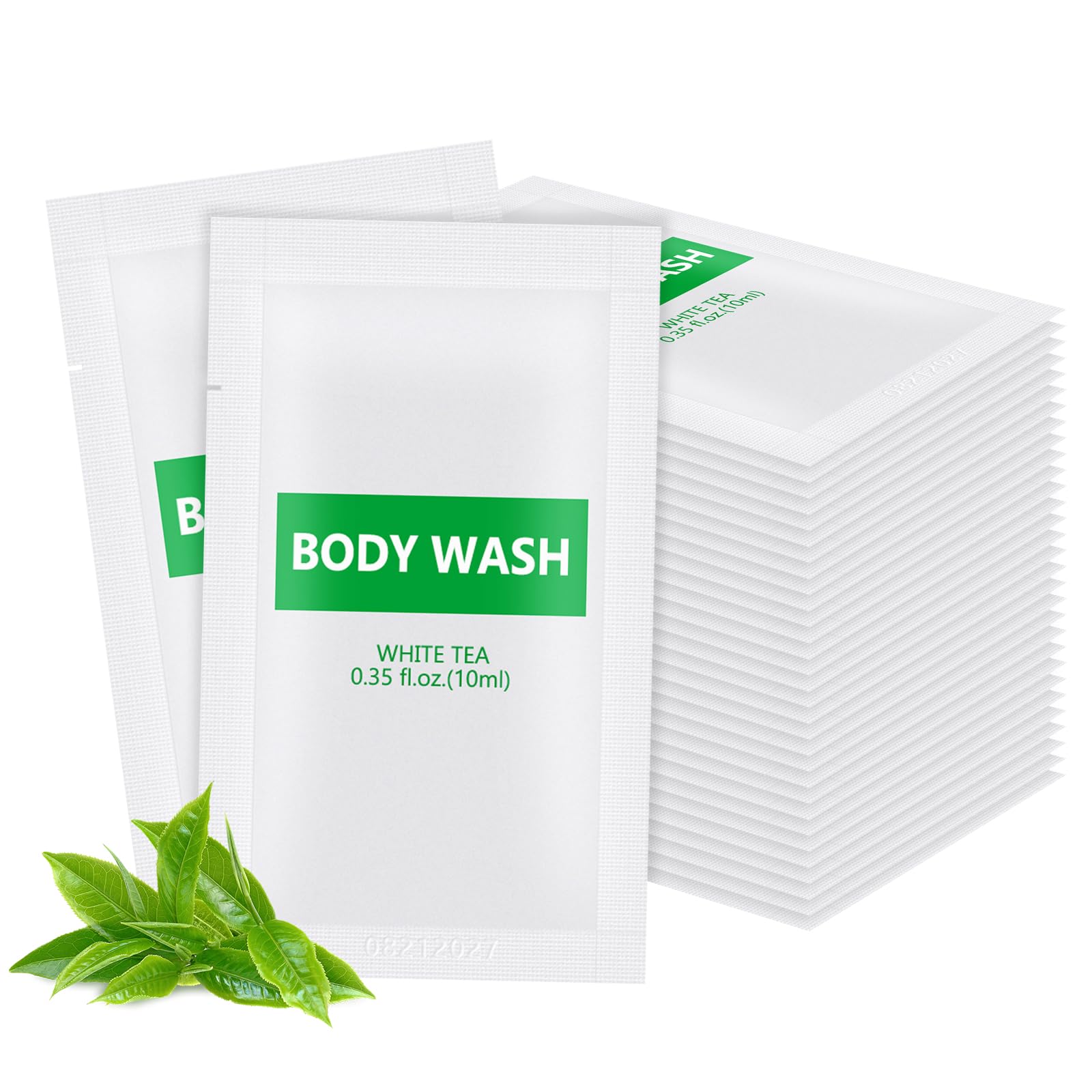 HQSLsund 200 pack Travel Size Body Wash Bulk Individually Wrapped - Refreshing Mini Shower Gel Single Use Supplies for Homeless Care Hotel Guests White Tea Scent0.35 fl oz/10ml