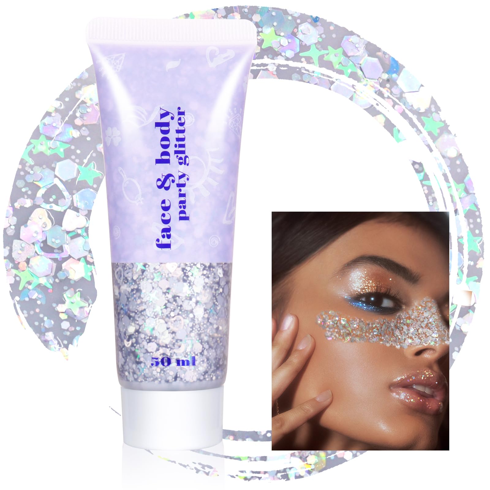 Boko 50ML Body Glitter Gel Holographic Silver Chunky Glitter Gel for Face Hair Body Sparkle Makeup Mermaid Face Glitter Sequins for Christmas Festival Concert Party Event Rave Accessories