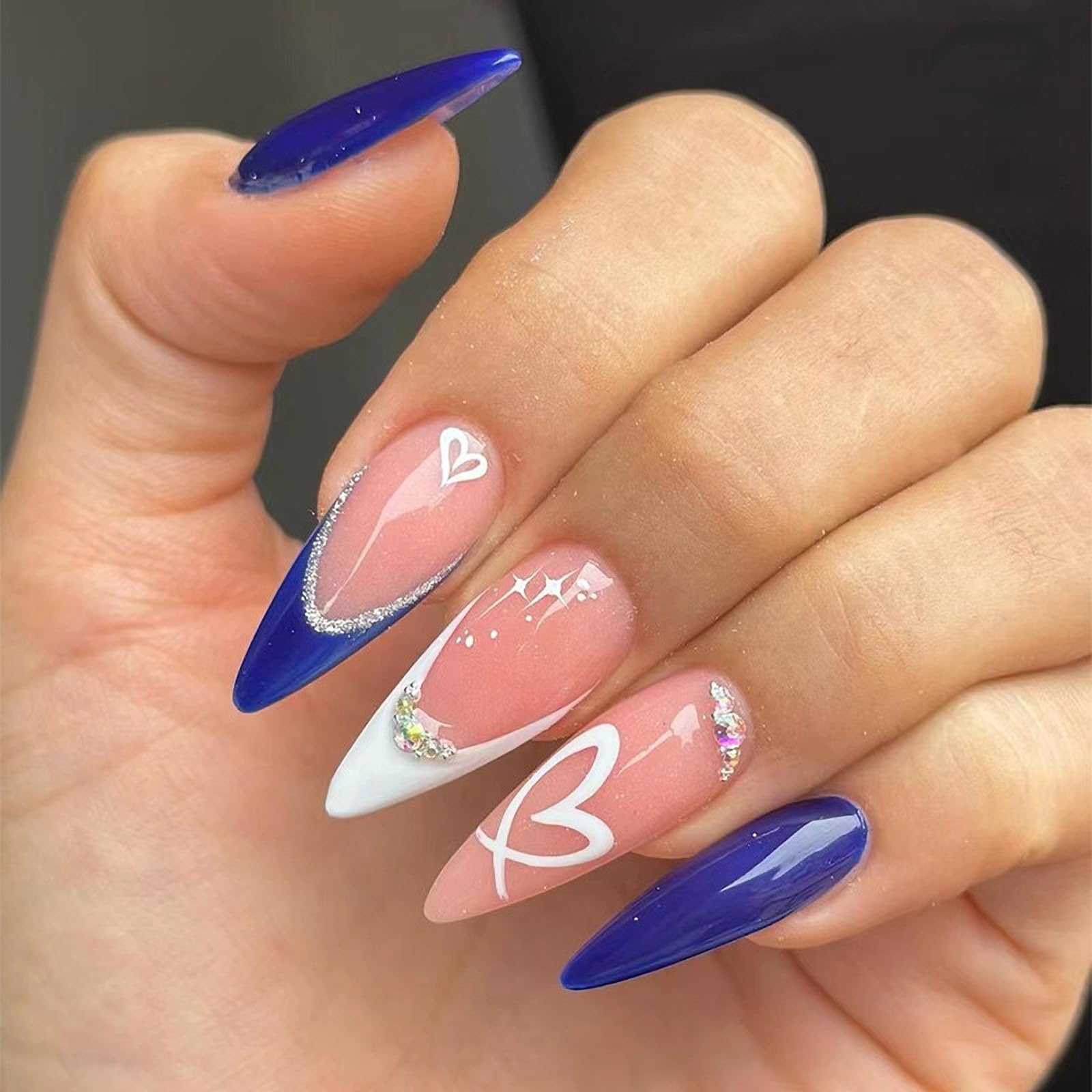 Valentines Press on Nails Medium Almond Fake Nails Blue French Tips with Heart Design Rhinestone Glue on Nails Acrylic Artificial Nails Full Cover Stick on Nails for Women & Girls 24 Pcs