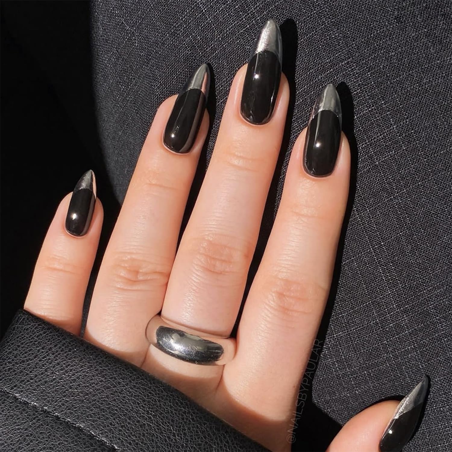 Silver French Tip Glue on Nails Long Almond Black Press on Nails Glossy Acrylic False Nails Artificial Fake Stick on Nails for Women Girls