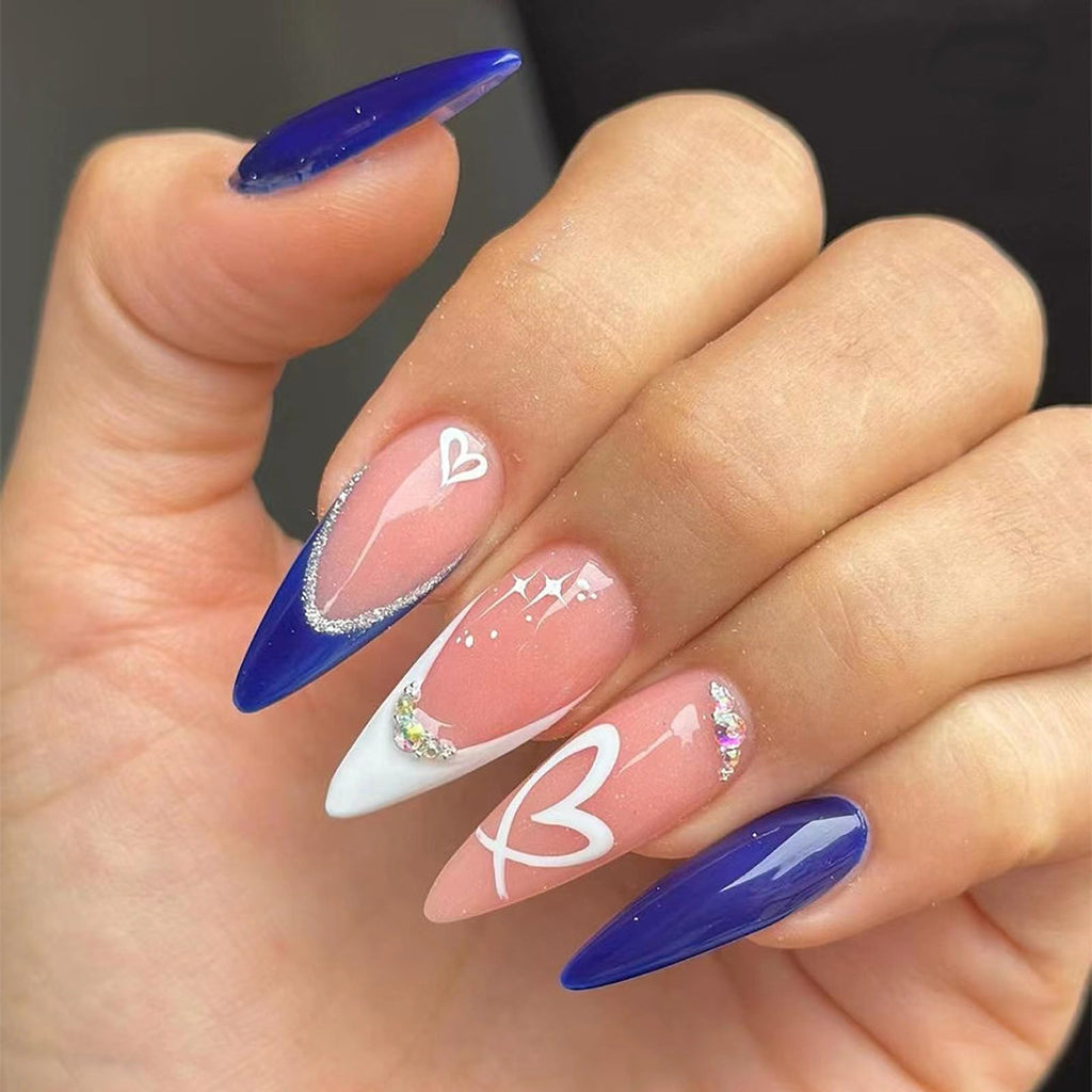 Valentines Press on Nails Medium Almond Fake Nails Blue French Tips with Heart Design Rhinestone Glue on Nails Acrylic Artificial Nails Full Cover Stick on Nails for Women & Girls 24 Pcs