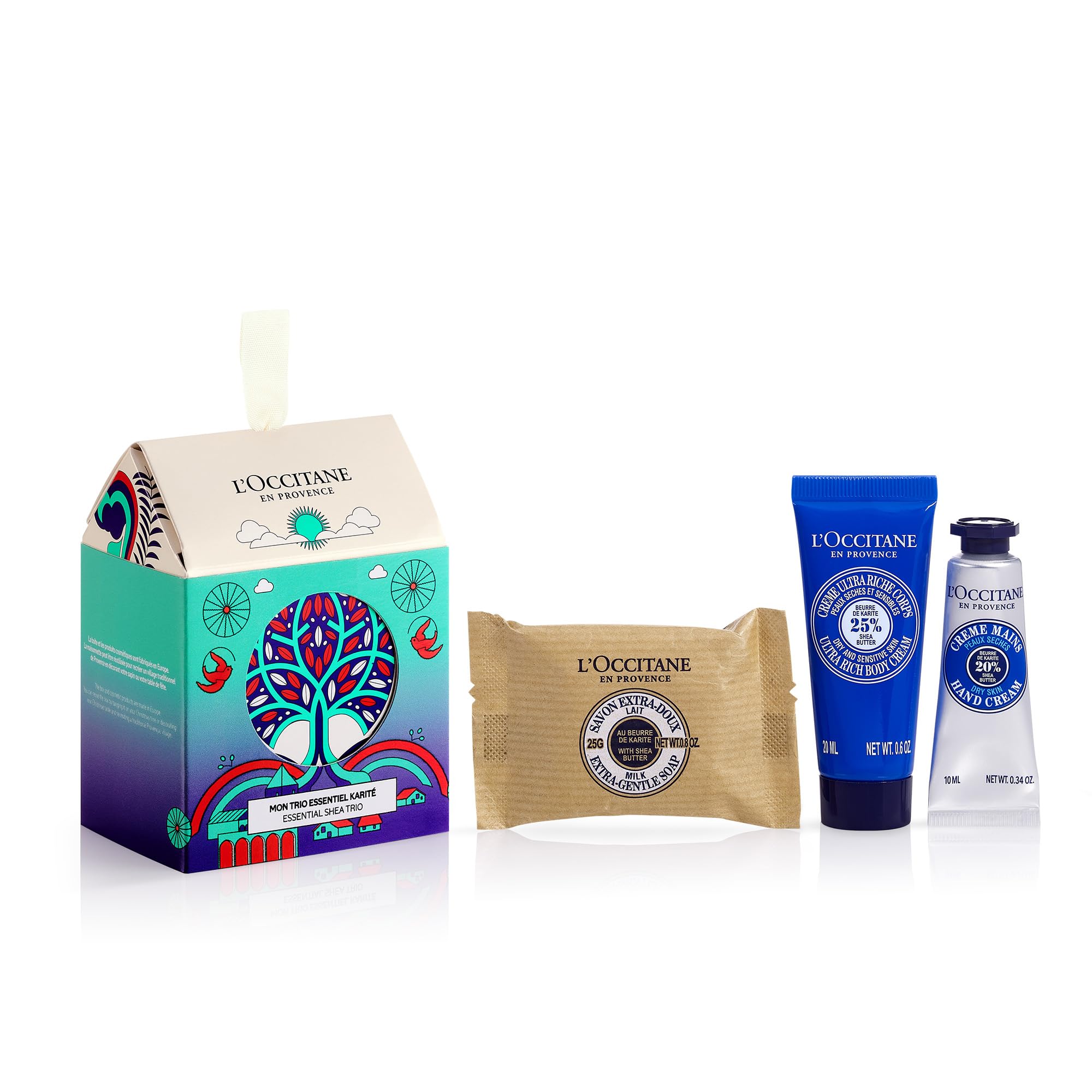 LOCCITANE Shea Holiday Ornament Gift Set for Comforted & Nourished Skin: Includes Travel-Sized Shea Butter Hand Cream Ultra Rich Body Cream and Milk Extra Gentle Soap