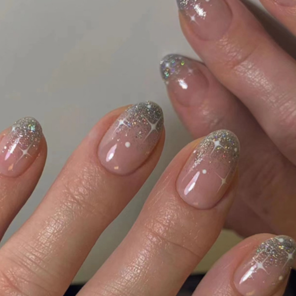 Silver Glitter Powder French Press-On Nails with Glue