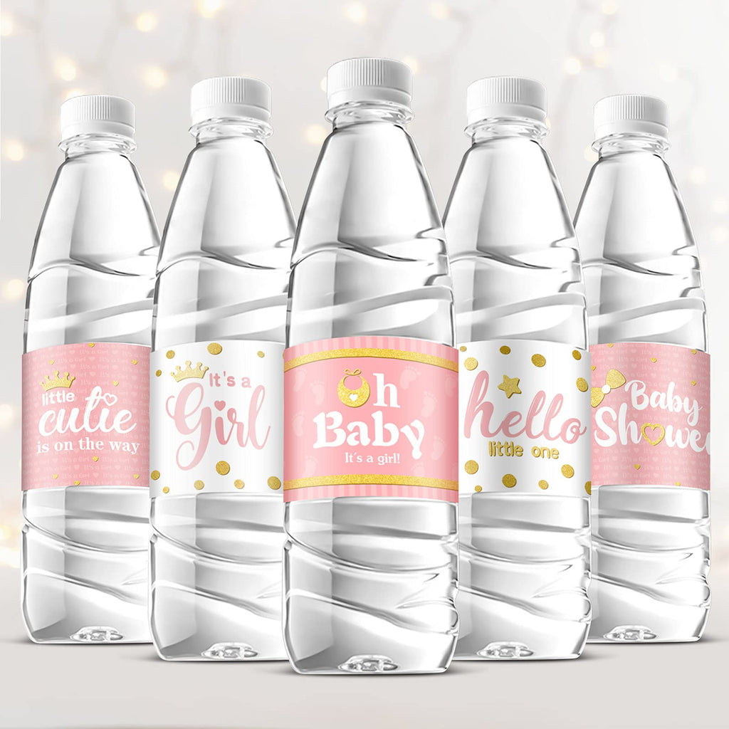 39 Pieces Baby Shower Water Bottle Labels Shower Water Bottle Stickers Wrappers Waterproof Baby Shower Labels for Baby Shower Party Decoration (Pink Girl Style)