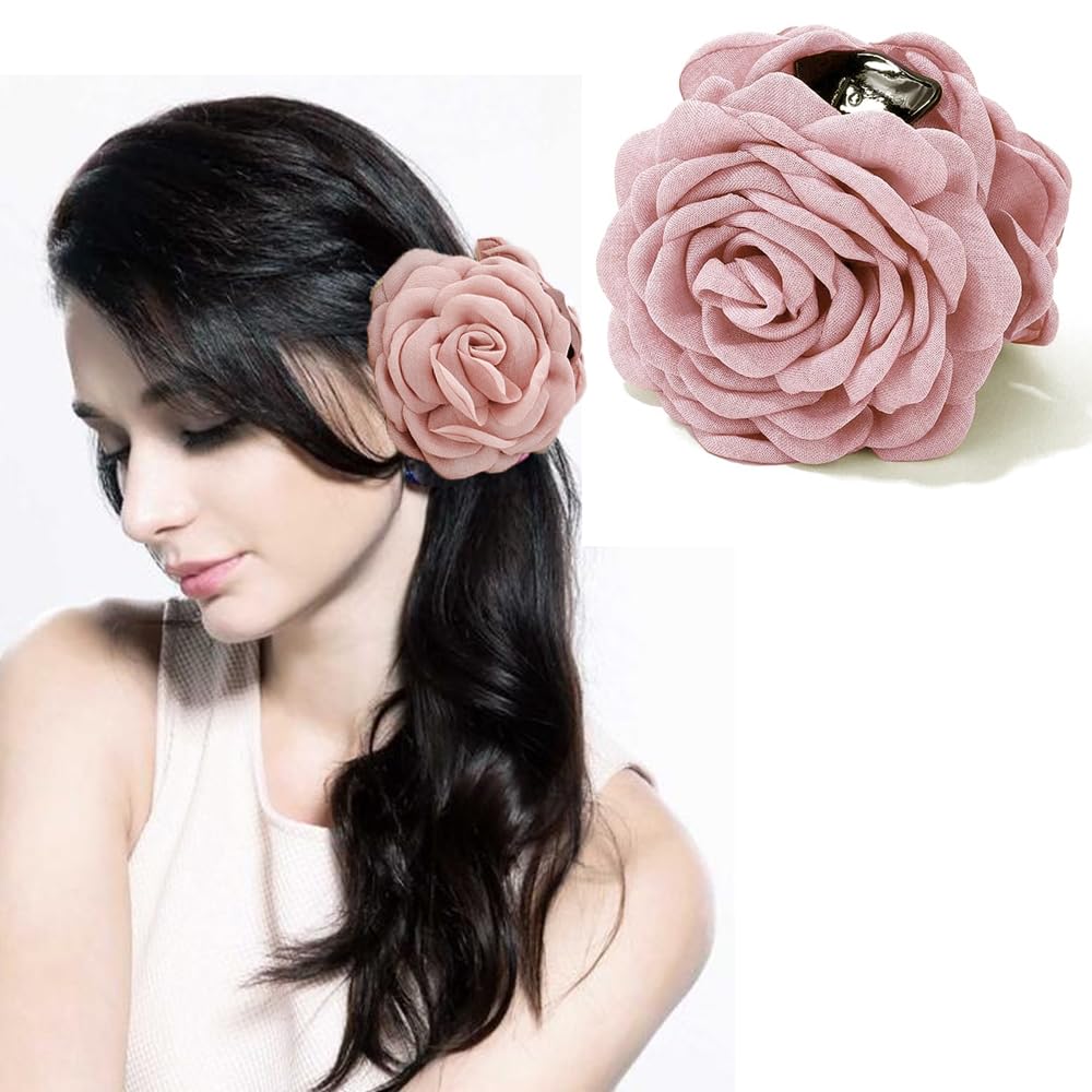 Ahoney Flower Rose Hair Clips 3.7" Flower Claws Clips for Women Hawaiian Flower Hair Clips Floral Hair Accessories for Girls Cute Claws Clips Blooming Beach Hair Clips Non Slip (Pink)