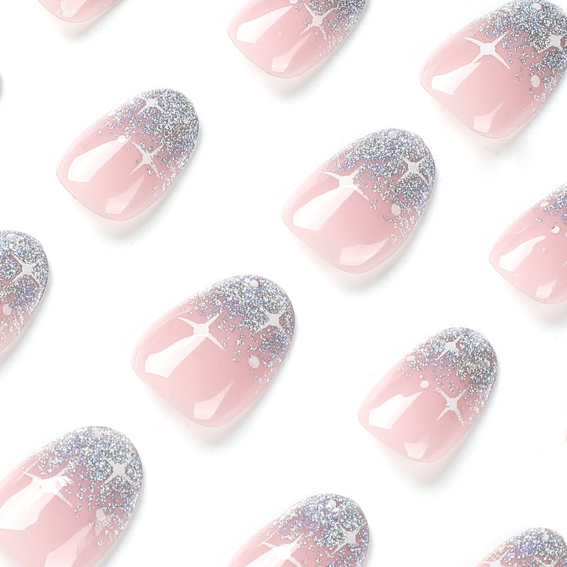 Silver Glitter Powder French Press-On Nails with Glue