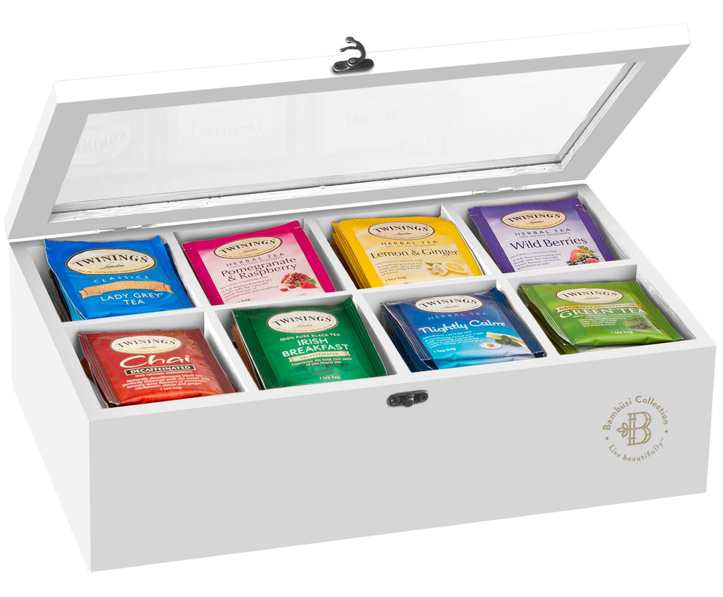 Bambüsi Tea Bag Organizer - Bamboo Tea Box Organizer Storage Box Tea Bag Holder with Acrylic Window Magnetic Lid Keeps Tea Bags Fresh - Tea Organizer Caddy (Tea Not Included) Christmas Gift - White