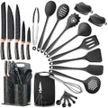 LSFCHUJU 25 PCS Kitchen Utensils Set Silicone Cooking Utensils Set with Kitchen Knife Set and Holder Silicone Handle Kitchen Tool Set - Kitchenware Set(Rose Gold Black)