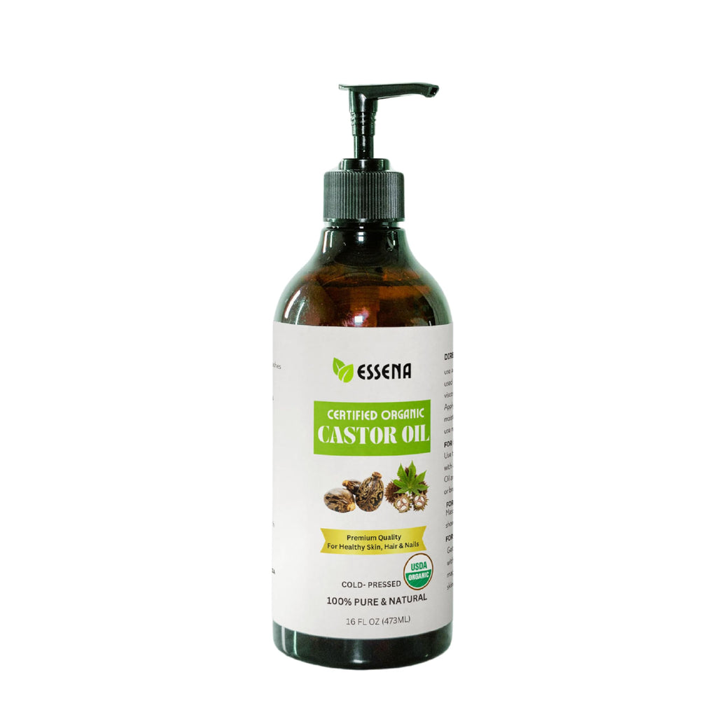 ESSENA USDA Organic Castor Oil Cold Pressed Unrefined Glass Bottle 100% Pure Natural Castor Oil Hexan free Extra Vergin for Skin Hair Growth Eyebrow Eyelashes Dry Scalp Castor Oil Pack Wrap