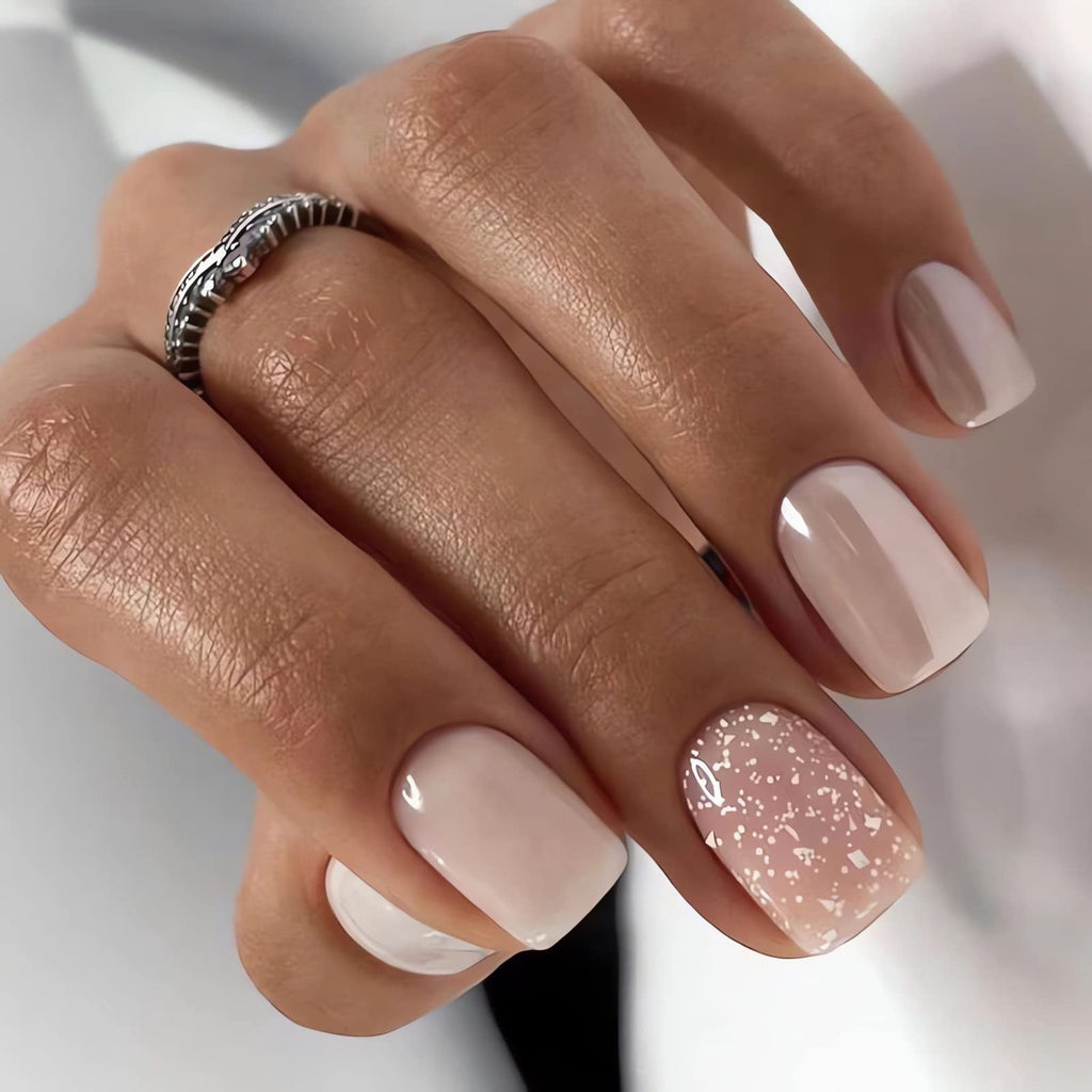 IMSOHOT Square Press on Nails Short White French Fake Nails Nude Pearlescent Full Cover Acrylic False Nails Glitter Glue on Nails Glossy Squoval Nails 24Pcs