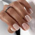 IMSOHOT Square Press on Nails Short White French Fake Nails Nude Pearlescent Full Cover Acrylic False Nails Glitter Glue on Nails Glossy Squoval Nails 24Pcs